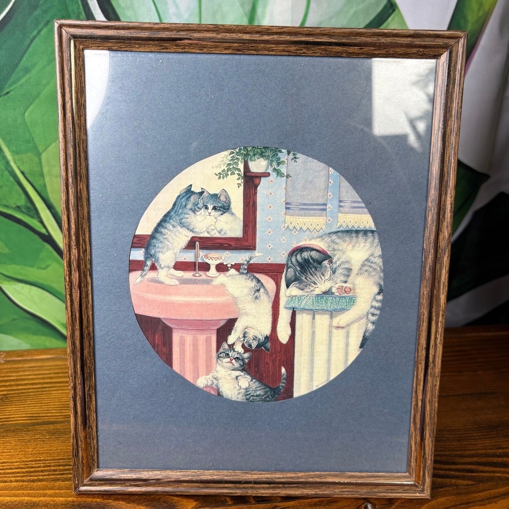 Vintage Framed Cats Kittens in a Bathroom Print